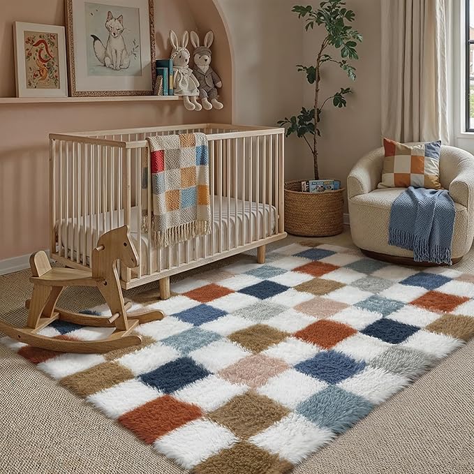 Checkered Area Rug 3x5 for Kids Room Soft Fluffy Shag Carpet | Machine Washable - Image 4
