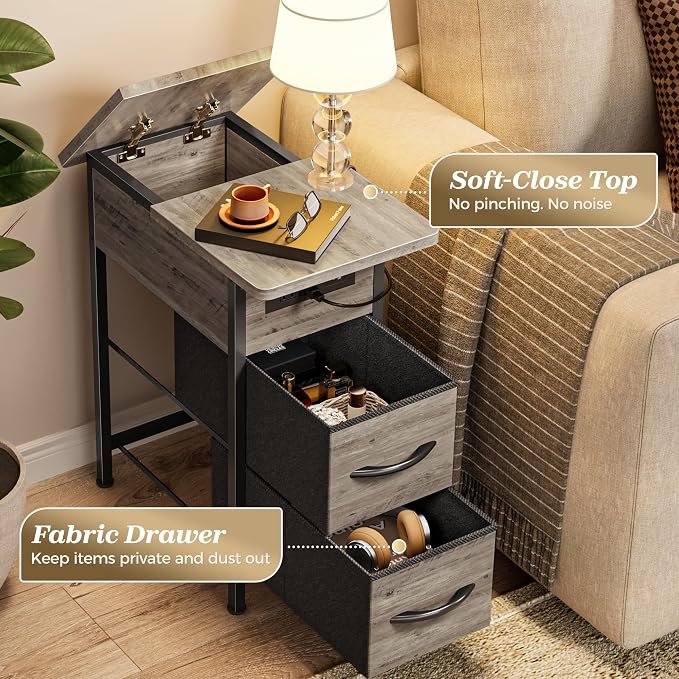 Huuger Narrow End Table with Charging Station, Side Table with 2 Drawers | Slim - Image 7