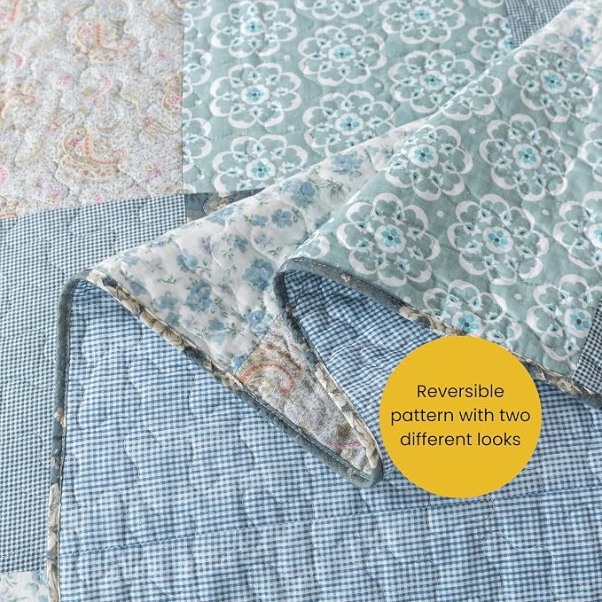 SLPR - Wildflowers Blue Floral Patchwork Cotton Quilt Set, 2 Shams | Quilted - Image 5