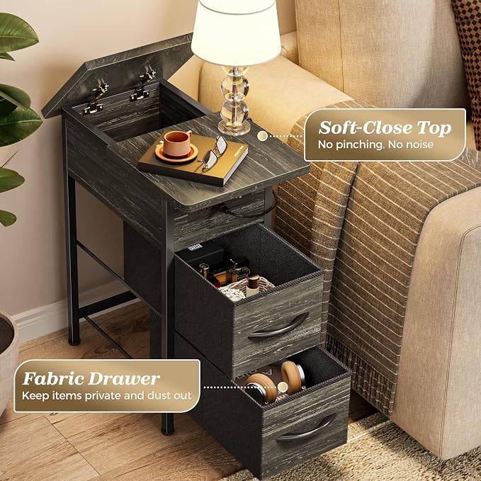 Huuger Narrow End Table with Charging Station, Side Table with 2 Drawers | Slim - Image 7