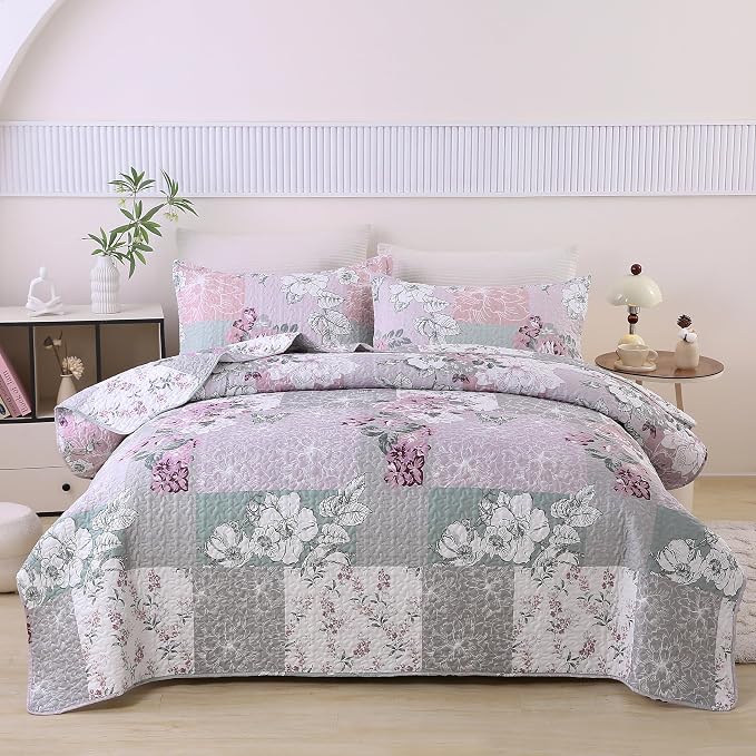 DURLENGEN Patchwork Quilt Set King Size 3Pcs, Floral by DURLENGEN