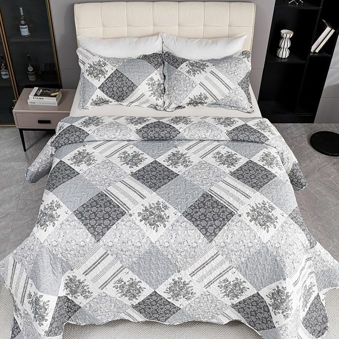 Cmfshape Summer Floral King Bedspread, Romantic Grey Quilt Set King, Reversible - Image 4