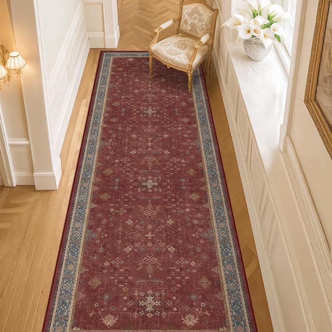 Dark Red 2'6''x8' Wide Hallway Runner Rug by HazoHaus