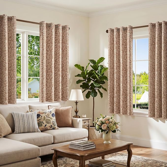jinchan Taupe Floral Blackout Curtians 63 Inch Vintage Grommet 2 Panels | Room - Image 8