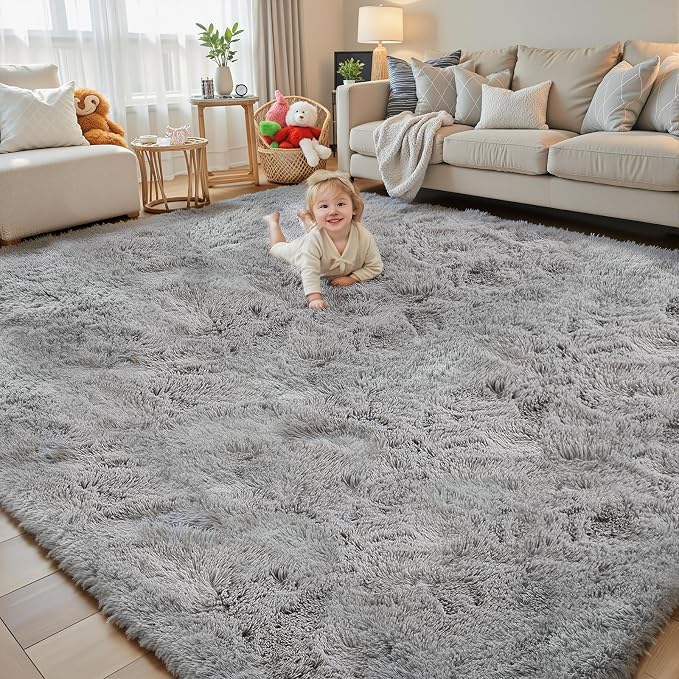 6x9 Shag Area Rug for Living Room, Light Grey Soft Plush Fluffy Carpet | by Junhejiamei