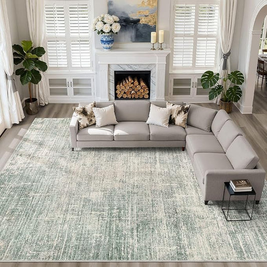 10x14 Area Rugs Living Room: Washable Large Neutral Green Rug Abstract Soft Modern Stain Resistant Indoor Floor Non-Slip Carpet for Bedroom Nursery Kids Office Playroom Dining Room Under Table Home