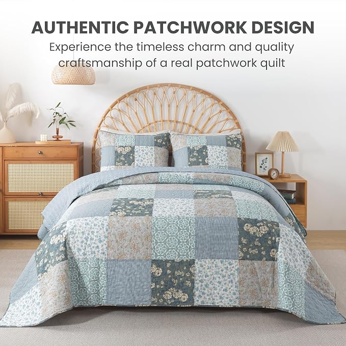 SLPR - Wildflowers Blue Floral Patchwork Cotton Quilt Set, 2 Shams | Quilted - Image 2