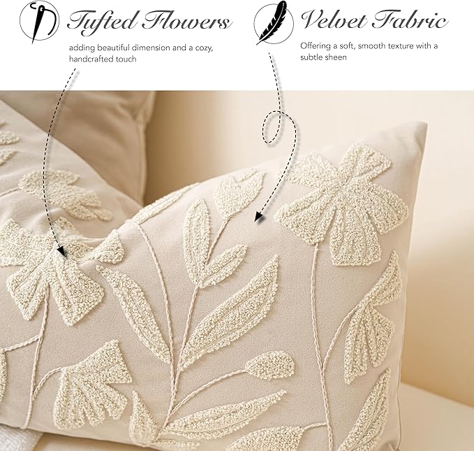 BlissBlush Light Beige Velvet Decorative Throw Pillow Cover 20X20, Neutral Floral Tufted Soft Farmhouse Textured Pillowcase, Accent Pillowcase for Couch Sofa Bed Living Room