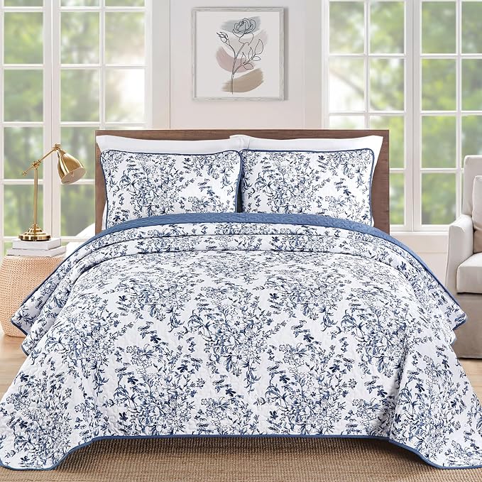 WONGS BEDDING Botanical Quilt King Size, 3 Pieces Bedspread Set, Microfiber by WONGSBEDDING