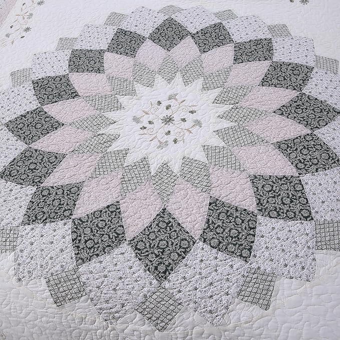 ROOMLIFE Quilt Set Queen Size 3D Floral Embroidery Pattern 3-Piece Cotton | - Image 6