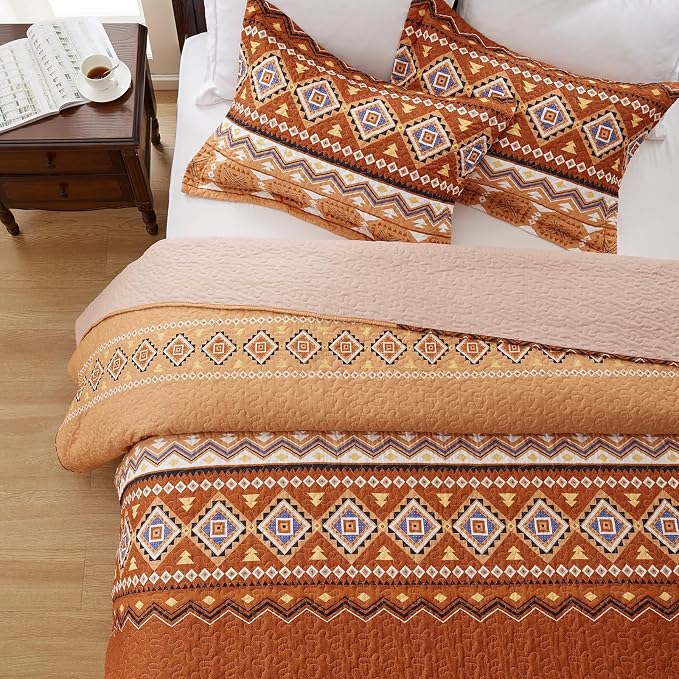 2 Pieces Twin Size Quilt Set Burnt Orange Rust Bohemian Bedspread Coverlet - Image 5