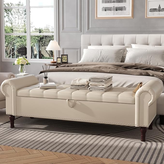 Apicizon 60” Bench with Storage, Faux Leather Ottoman Bench with Rolled Arm & by APICIZON