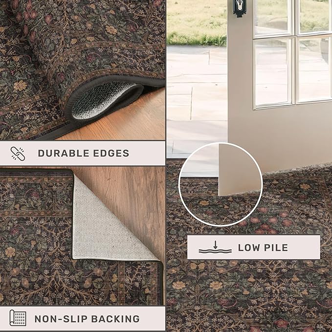 Taupe Brown 5x8 Rug for Living Room - Vintage Traditional Dark Neutral Floral, Washable Foldable Non-Slip Area Rugs for Dining Under Table, Home Office, Guest Room