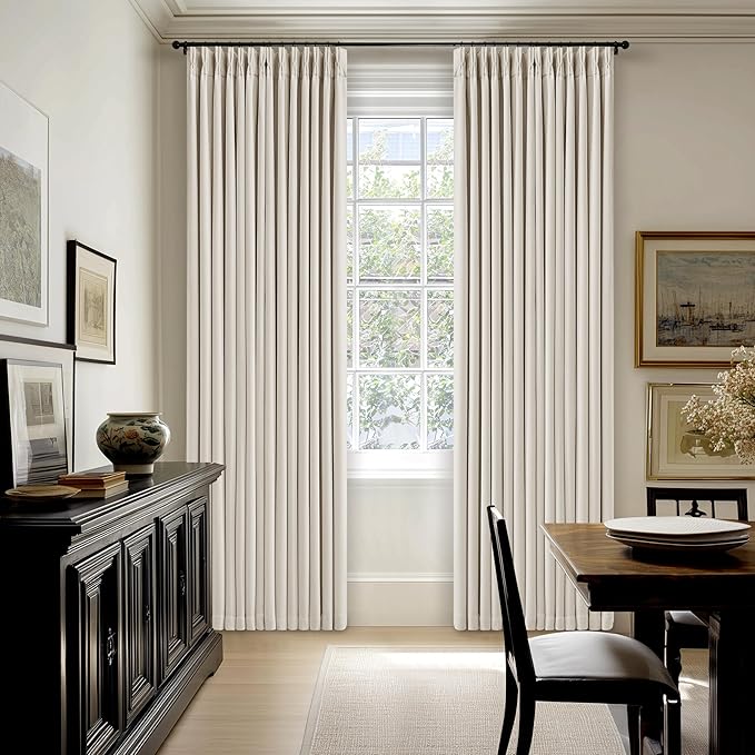 Pinch Pleat Extra Long 120 Inch Blackout Curtains for Living Room 2 Panels Set 100% Black Out Flax Burlap Natural Beige Cream White Pleated Drapes Room Darkening Luxury High Ceiling Windows Curtain