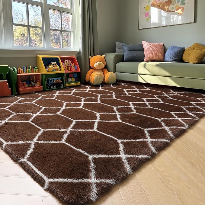 5x7 Area Rugs for Living Room Bedroom, Fluffy Brown and White Throw Rug - Image 7