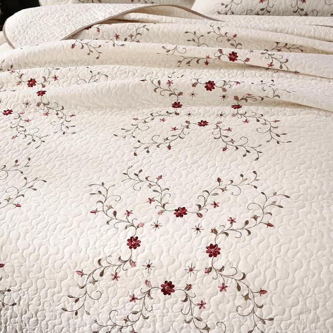 Quilt Set Full Floral Leaves 3D Embroidery Pattern 3-Piece Cotton Blend | - Image 4