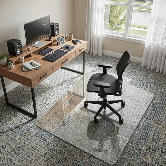 45"x55" Tempered Glass Office Chair Mat for Carpet & Hardwood Floor, 1/5" Thick Clear Floor Protector Desk Chair Mat with Rounded and Polished Edges
