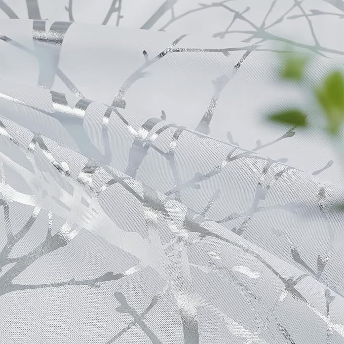 FMFUNCTEX 100% Blackout Ivory Silver Foil Tree Curtains 63 Inch 2 Panels | - Image 8