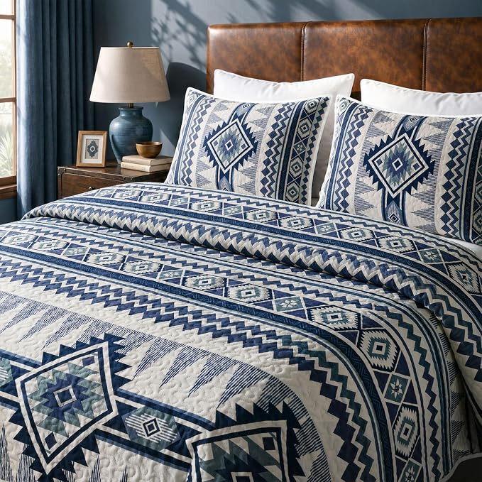akkialla Reversible Blue Boho King/Cal King Quilt Set, 2-Piece Bohemian Aztec - Image 6