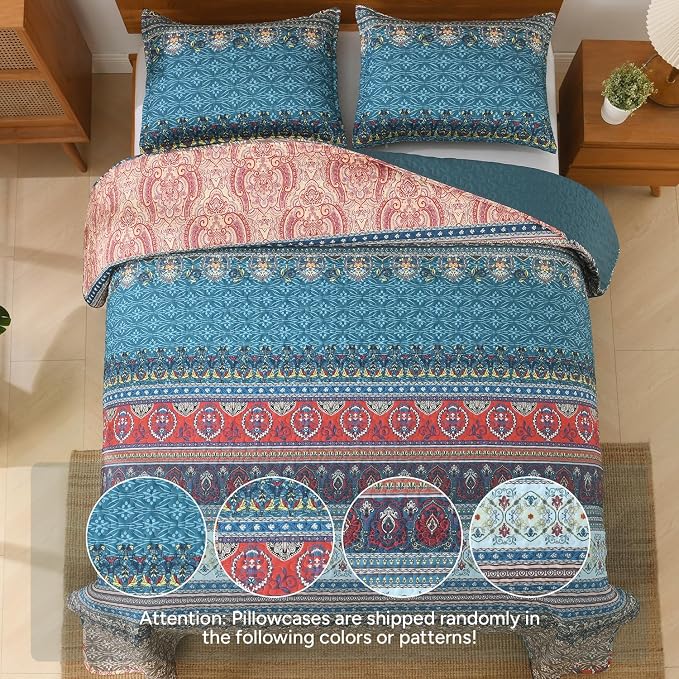Brown Green King Size Quilt Set, 3 Pieces Boho Striped Bedspread | Soft - Image 6