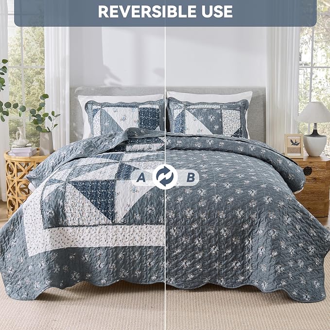 Full/Queen Size Quilt Set Grey Floral Patchwork Bedspreads Bedding Set | - Image 4