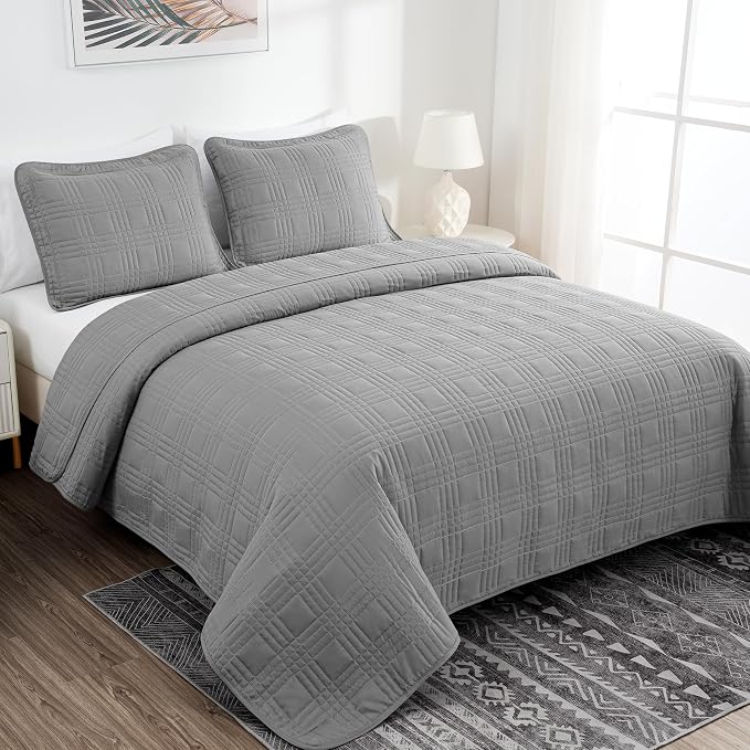 Chezmoi Collection Kingston King Size Bedspread Set, 3-Piece Gray Oversized - Image 3