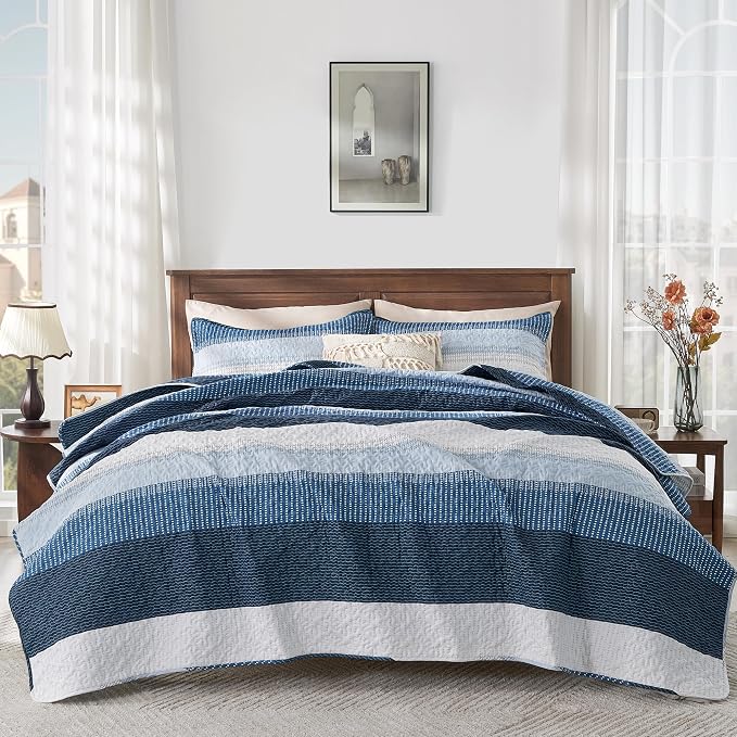 Queen Quilt Set Navy Blue, 3 Pieces Striped Bedspread | Ultra Soft Summer - Image 5