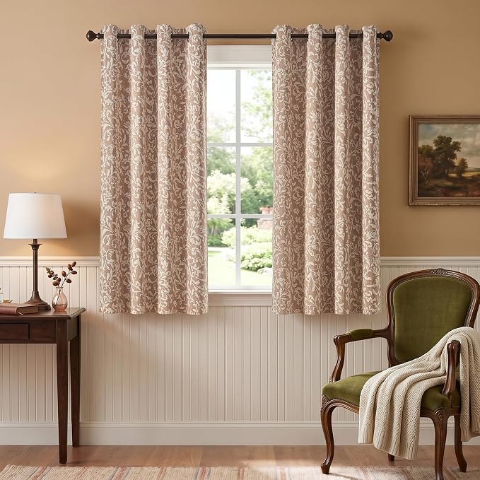 jinchan Taupe Floral Blackout Curtians 72 Inch Vintage Grommet 2 Panels | Room - Image 2