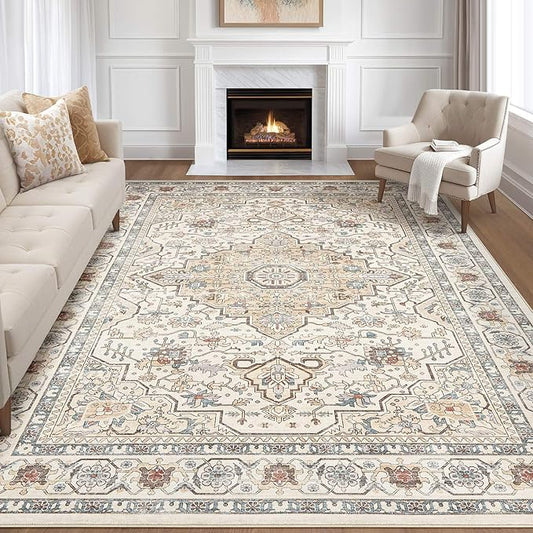 10x14 Area Rugs Living Room: Washable Boho Large Neutral Vintage Soft Rug Stain Resistant Farmhouse Non Slip Indoor Floor Carpet for Bedroom Nursery Kids Playroom Office Dining Room- Cream Blue