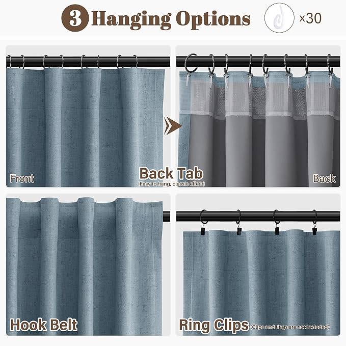 Blue Linen 100% Blackout Curtains 108 Inches Long 2 Panels Set Country - Image 2