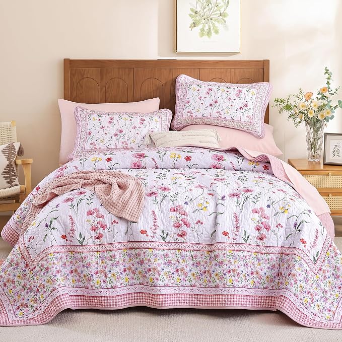 WONGS BEDDING Floral Quilt Set Queen, Microfiber Lightweight Farmhouse Bed - Image 8