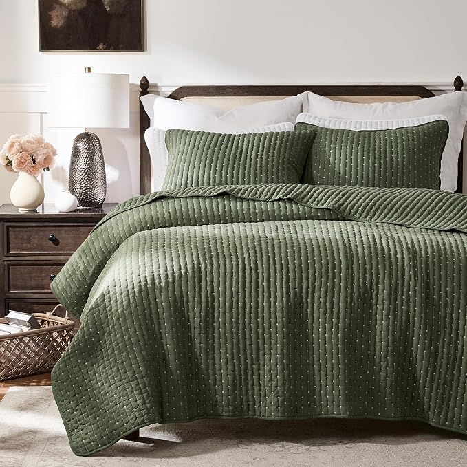 WDCOZY Olive Green Cross Stitch Queen Size Quilt Set, Striped Lightweight Soft by WDCOZY