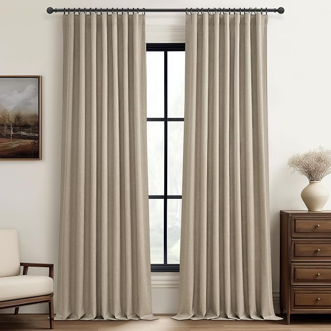 Pleat Linen Blend Room Darkening Extra Long Curtains 132 Inch Length 2 Panels by QJMYDECO