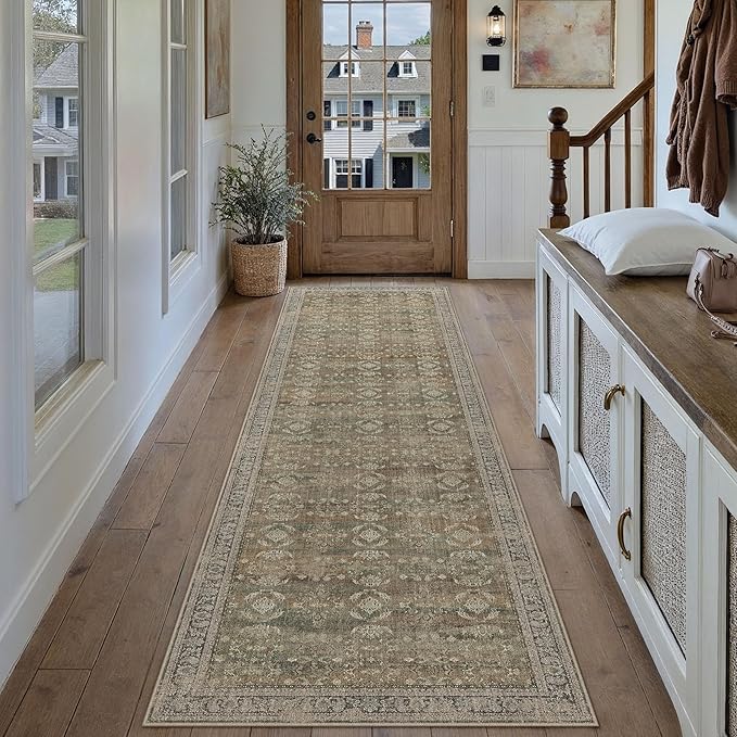 2x12 Brown Area Rug Runners for Hallways Washable Vintage Distressed Carpet Low Pile Non Slip Indoor Retro Soft Long Accent Rug Bedroom Kitchen Bathroom Laundry Dining Living Room