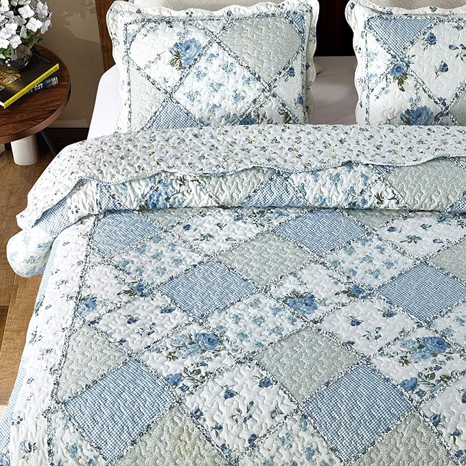 Oversized King Size Quilt Set 128x120 Blue Floral Patchwork Bedspreads Set | - Image 4