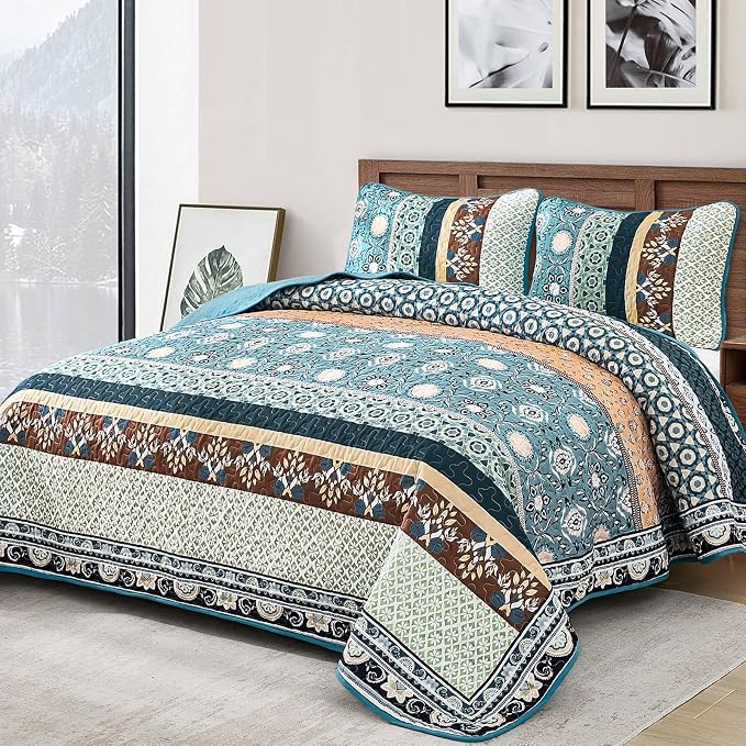 Yiran Blue Boho Quilt Set King Size, Fall Patchwork Bedspreads | Bohemia by Yiran
