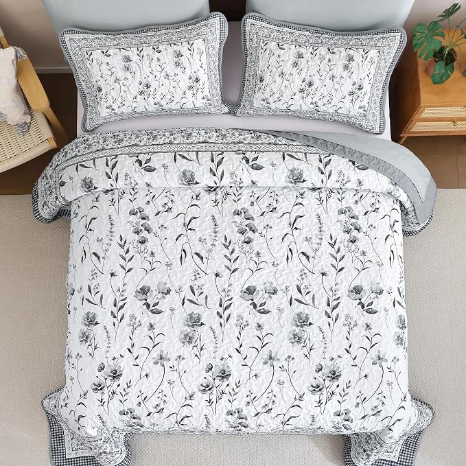 WONGS BEDDING Floral Quilts Set Queen, Microfiber Lightweight Farmhouse Bed - Image 3