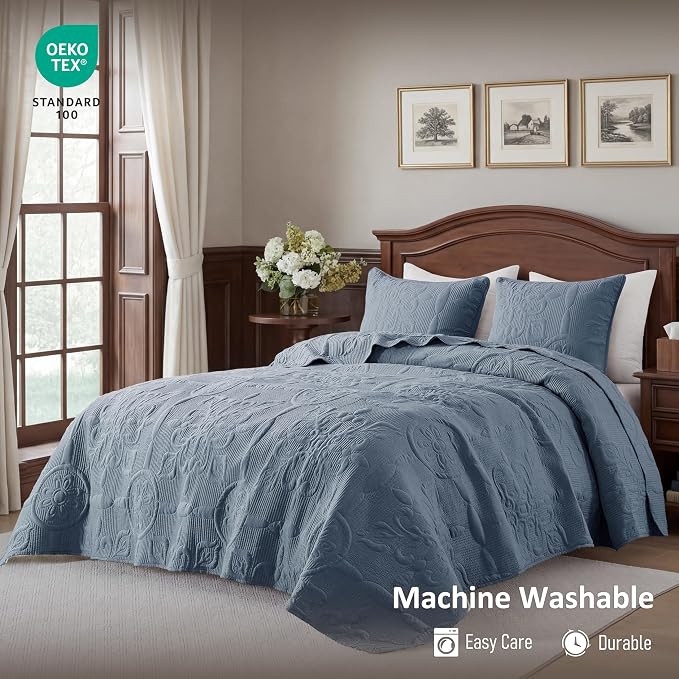 B2EVER Blue Damask Quilt King Size Bedding Sets - Image 2