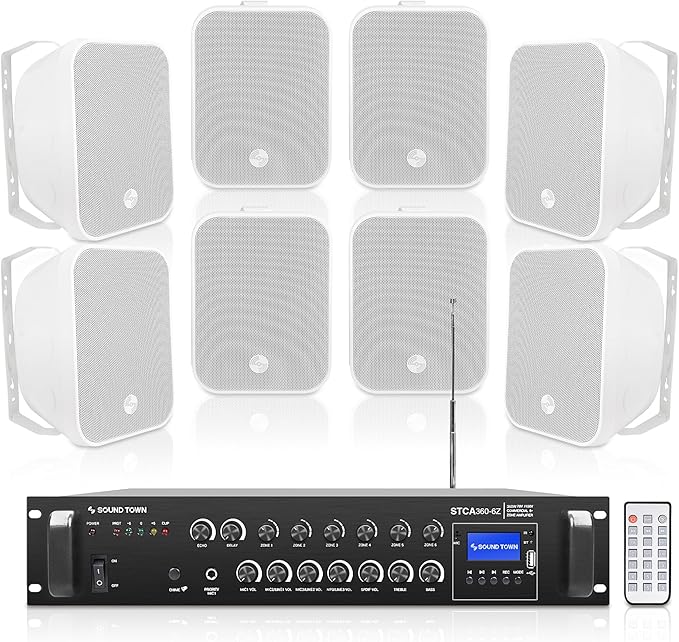 Sound Town Commercial Restaurant Bluetooth Amplifier + Surface-Mount Speaker Set, with One 6-Zone 70V/100V Amplifier with Bluetooth, 8 x 5.25-Inch Surface-Mount Speakers, White (STCA360X8MS5W)
