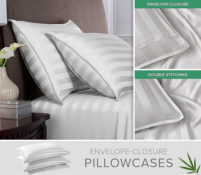 Pure Bamboo Queen Sheets, Genuine 100% Organic Viscose Derived from Bamboo Bed Sheet Set, Luxuriously Soft & Cooling, Double Stitching, 2 Year Quality Promise (Queen, Jacquard White)