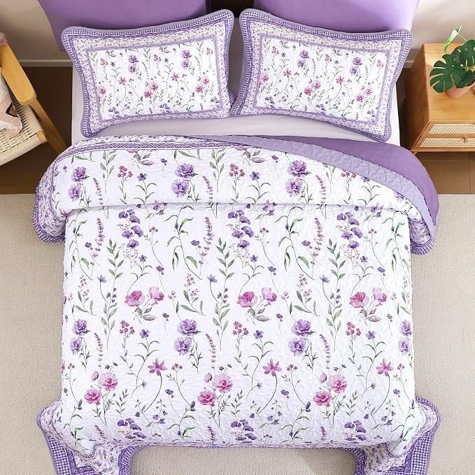 WONGS BEDDING Floral Quilt Set King, Cute Purple Flower Bedspread Coverlet | - Image 3