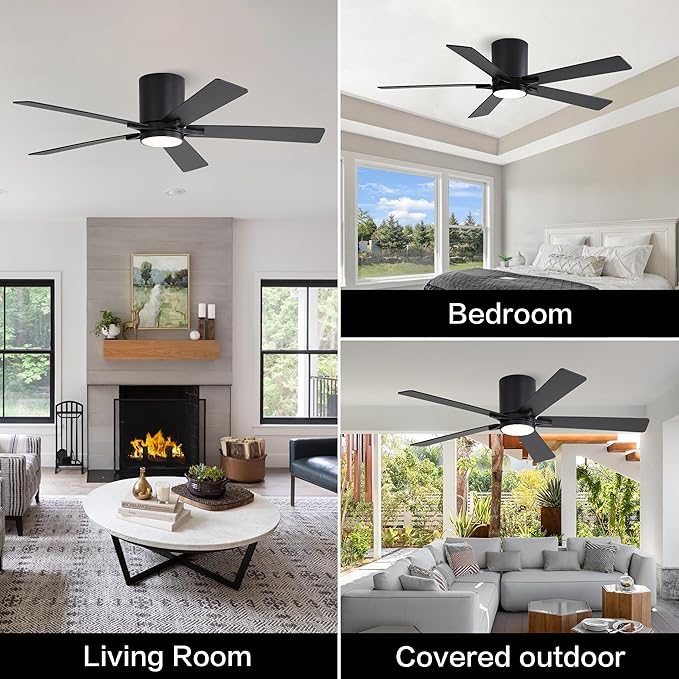 WINGBO 48" DC Flush Mount Ceiling Fan with Lights, 6-Speed Reversible DC Motor, 3CCT, Low Profile Hugger Ceiling Fan for Living Room Bedroom Kitchen, Black Finish and Black/Walnut Blades