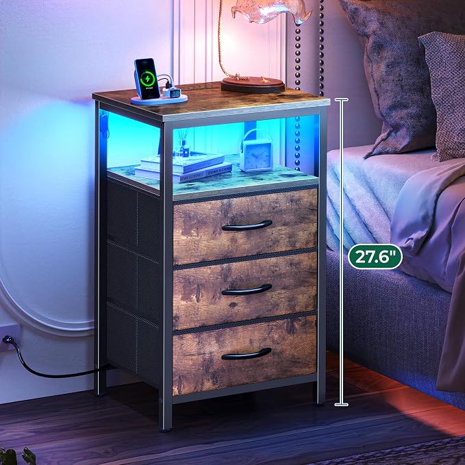 Huuger Night Stand with Charger Station and LED Lights, 3 Drawer Nightstand | - Image 4