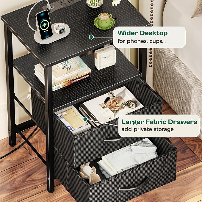 Huuger Night Stand with Charger Station and LED Lights, 2 Drawer Nightstand | - Image 7