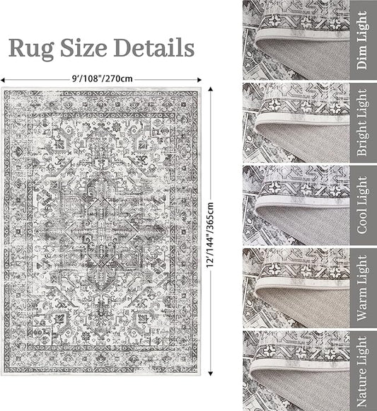 zesthome 9x12 Area Rugs,Stain Resistant Washable Rug,Ultra-Thin Rugs for Living Room,Bedroom,Non-Slip Backing Home Decor Large Area Rug (Grey/White,9'x12')