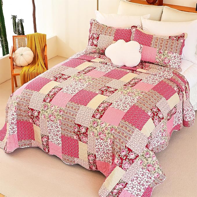 Cmfshape Summer Floral California King Bedspread, Romantic Pink Quilt Set King - Image 2