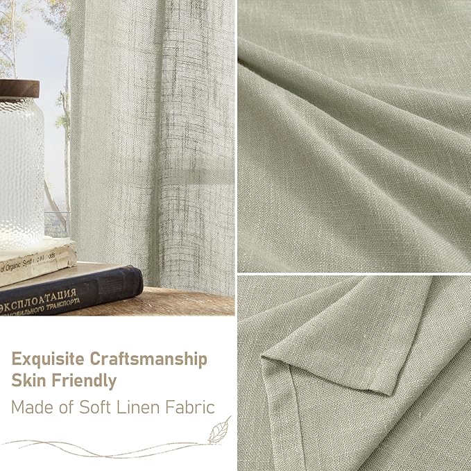 LAMIT Sage Grey Semi Sheer Linen Curtains 45 Inches Long 2 Panels, Light Filtering Panels Back Tab and Rod Pocket Neutral Drapes for Kitchen/Window/Bedroom, 52 x 45 Inch