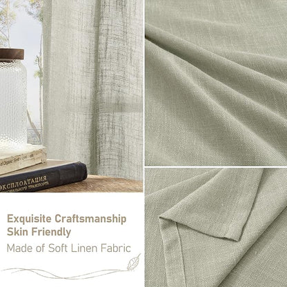 LAMIT Sage Grey Semi Sheer Linen Curtains 45 Inches Long 2 Panels, Light Filtering Panels Back Tab and Rod Pocket Neutral Drapes for Kitchen/Window/Bedroom, 52 x 45 Inch