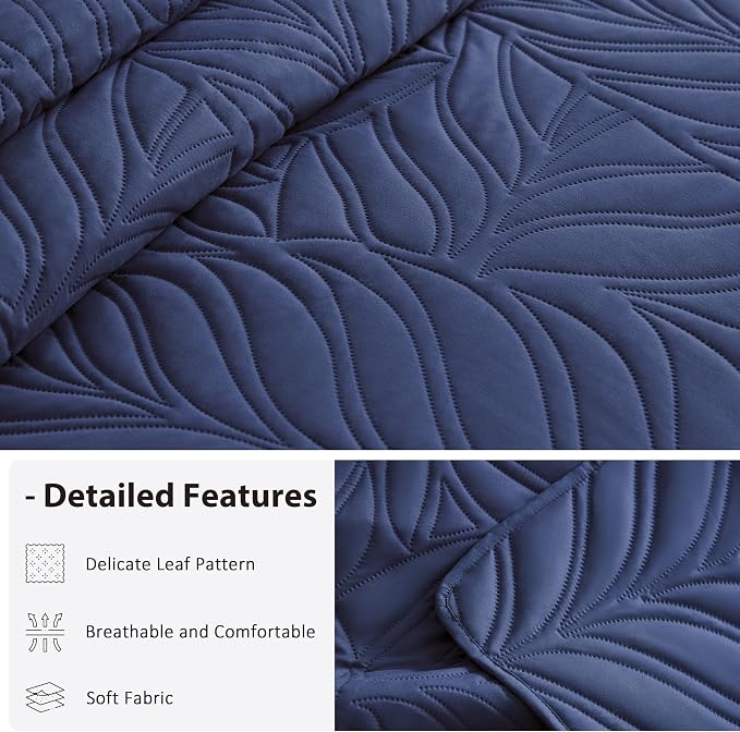 EXQ Home King Quilt Set Leaf Pattern Navy Bedspread | Soft Microfiber Bedspread - Image 4