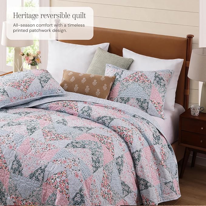 Queen Quilt Set-3 Pieces Soft Bedding Lightweight Floral Patchwork Coverlet | - Image 2